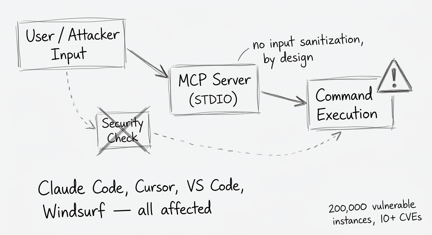 MCP architecture vulnerability: User/Attacker Input → MCP Server (STDIO) with